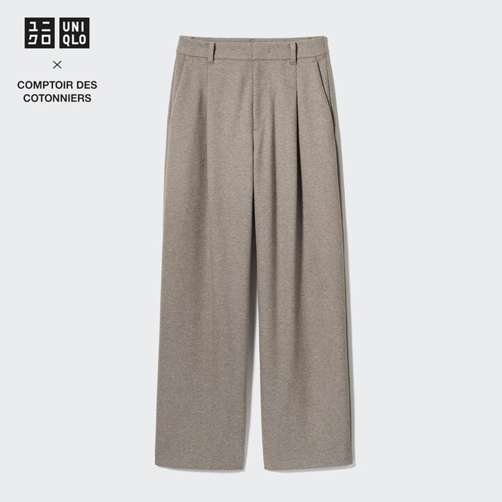 UNIQLO Brushed Jersey Pleated Wide Leg Trousers Short Koyu | 568-ARGCKT