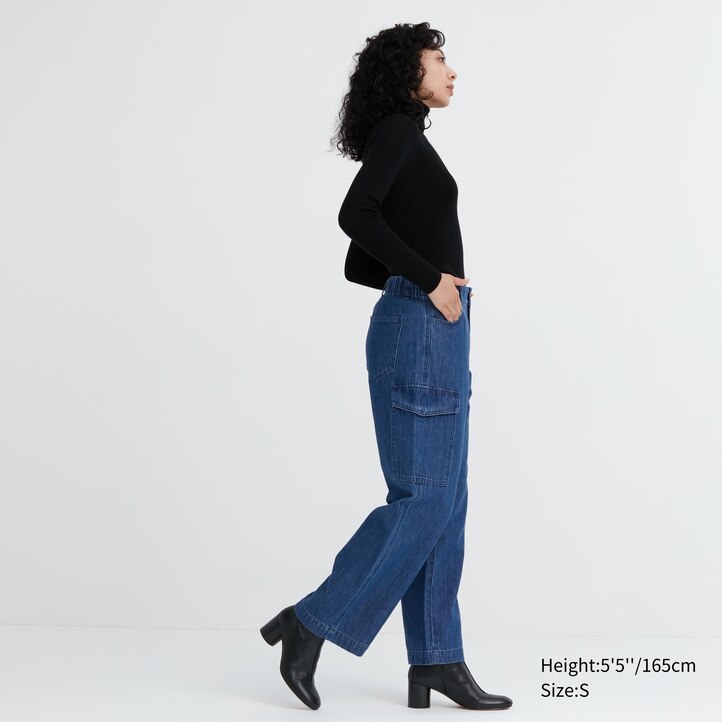 UNIQLO Denim Wide Leg Cargo Trousers Mavi | 347-ULJBZF