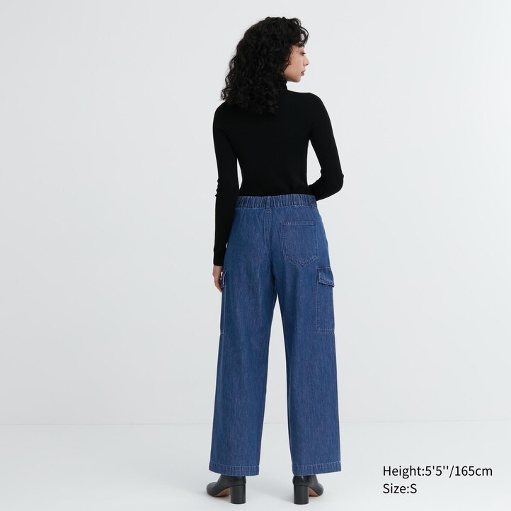 UNIQLO Denim Wide Leg Cargo Trousers Mavi | 347-ULJBZF