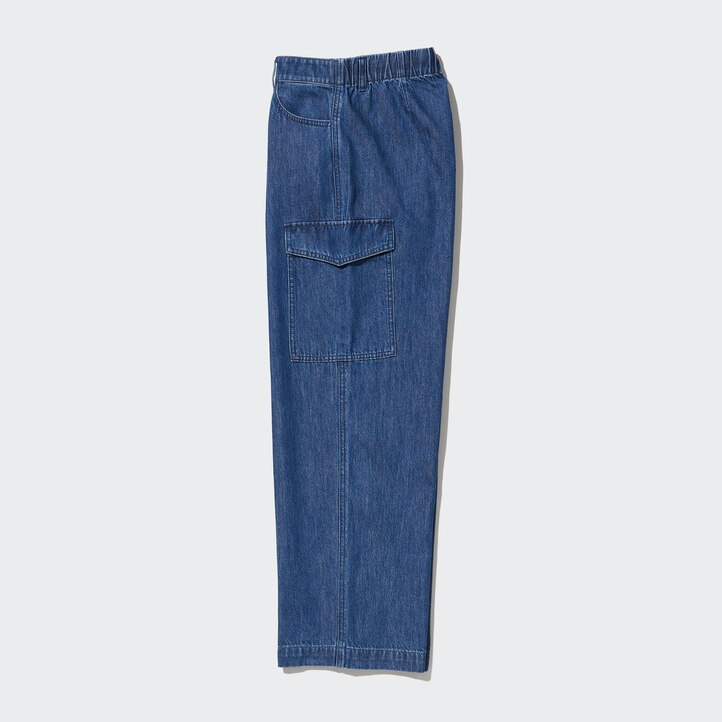 UNIQLO Denim Wide Leg Cargo Trousers Mavi | 347-ULJBZF