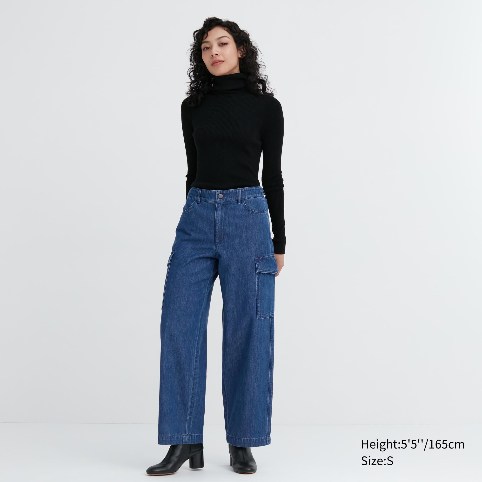 UNIQLO Denim Wide Leg Cargo Trousers Mavi | 347-ULJBZF