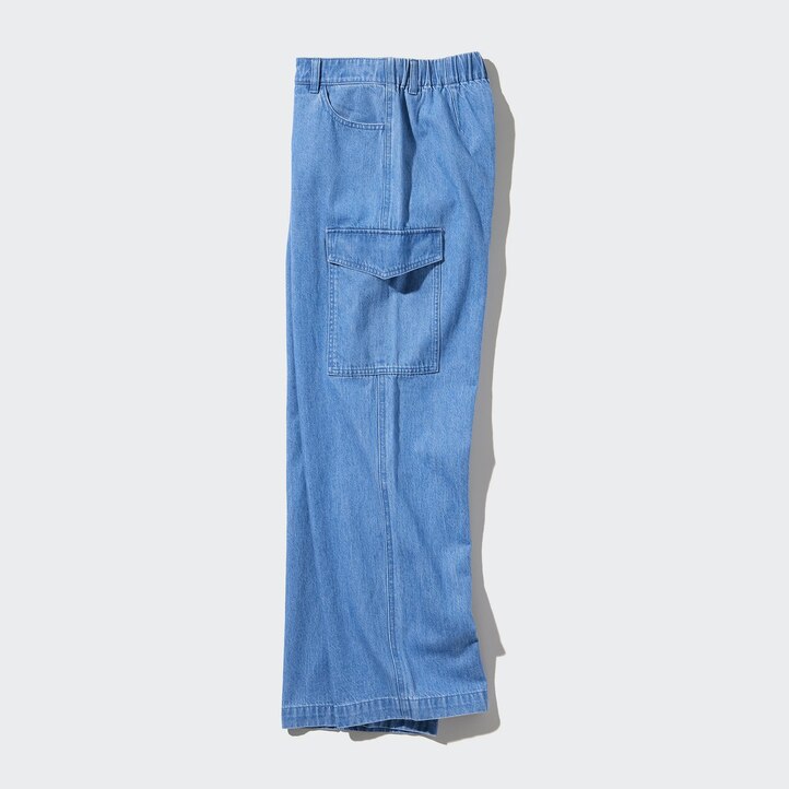 UNIQLO Denim Wide Straight Leg Cargo Trousers Long Mavi | 834-VSEDMC