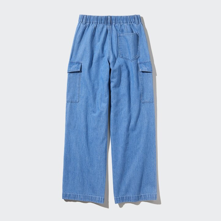 UNIQLO Denim Wide Straight Leg Cargo Trousers Long Mavi | 834-VSEDMC