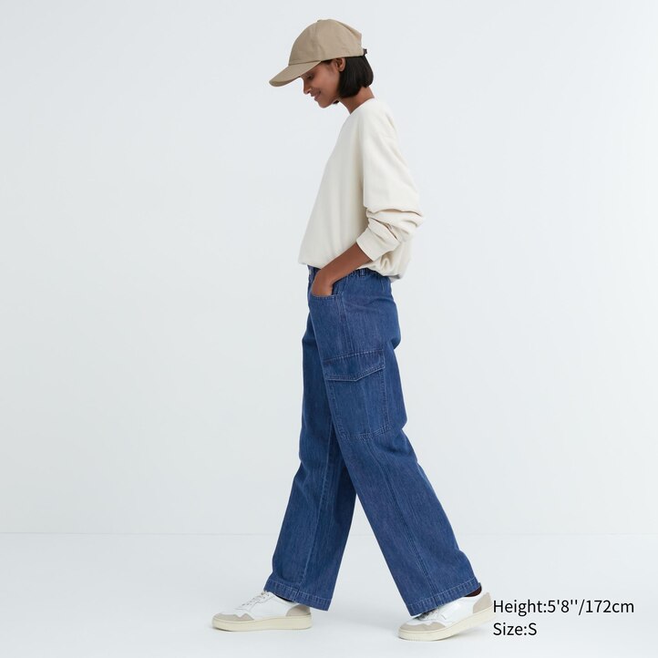 UNIQLO Denim Wide Straight Leg Cargo Trousers Long Mavi | 307-RCFEMZ