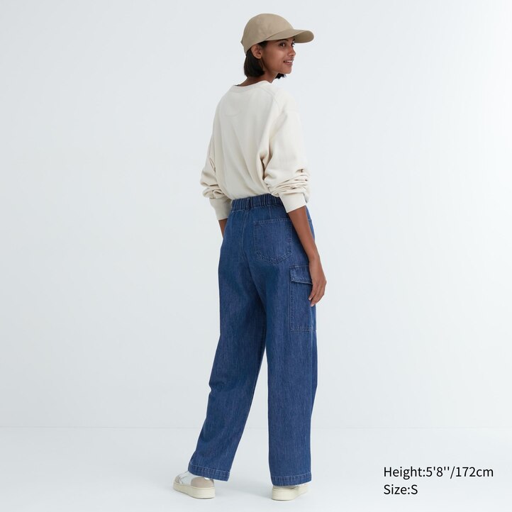 UNIQLO Denim Wide Straight Leg Cargo Trousers Long Mavi | 307-RCFEMZ