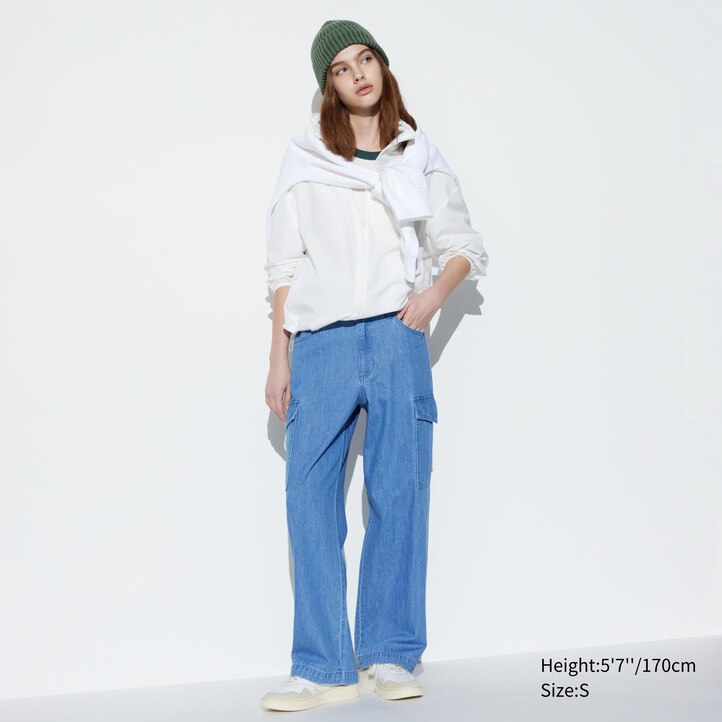 UNIQLO Denim Wide Straight Leg Cargo Trousers Mavi | 217-RDVPBL