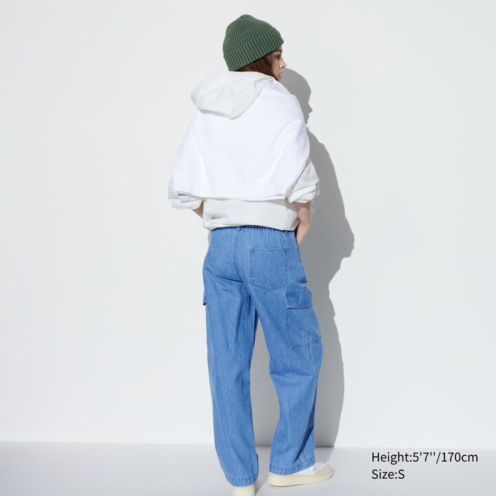 UNIQLO Denim Wide Straight Leg Cargo Trousers Mavi | 217-RDVPBL