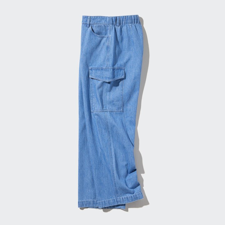 UNIQLO Denim Wide Straight Leg Cargo Trousers Mavi | 217-RDVPBL