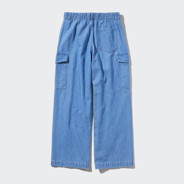 UNIQLO Denim Wide Straight Leg Cargo Trousers Mavi | 217-RDVPBL