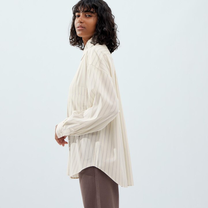 UNIQLO Drape Striped Long Sleeved Shirt Natural | 376-QJTRHA