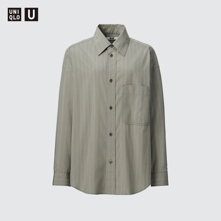 UNIQLO Drape Striped Long Sleeved Shirt Natural | 376-QJTRHA