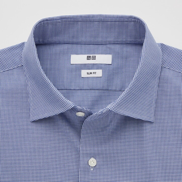 UNIQLO Easy Care Stretch Slim Fit Checked Shirt Semi Cutaway Collar Mavi | 083-FCZIDG