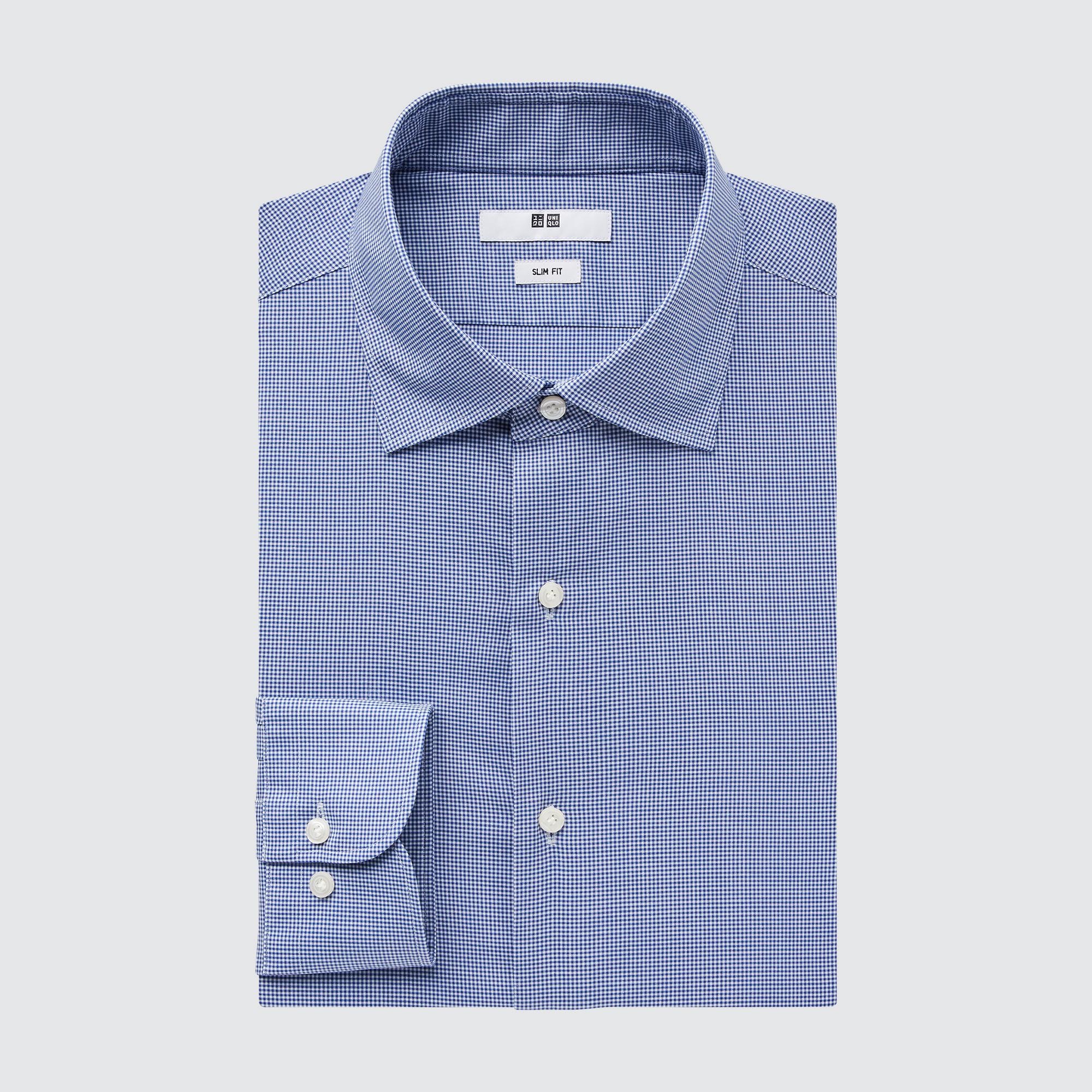 UNIQLO Easy Care Stretch Slim Fit Checked Shirt Semi Cutaway Collar Mavi | 083-FCZIDG