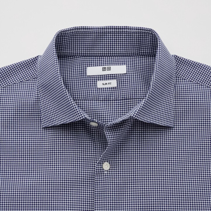 UNIQLO Easy Care Stretch Slim Fit Checked Shirt Semi Cutaway Collar Lacivert | 261-WQDANR