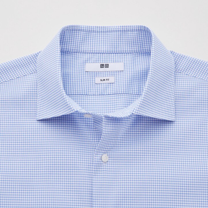 UNIQLO Easy Care Stretch Slim Fit Checked Shirt Semi Cutaway Collar Mavi | 537-KJIDSN