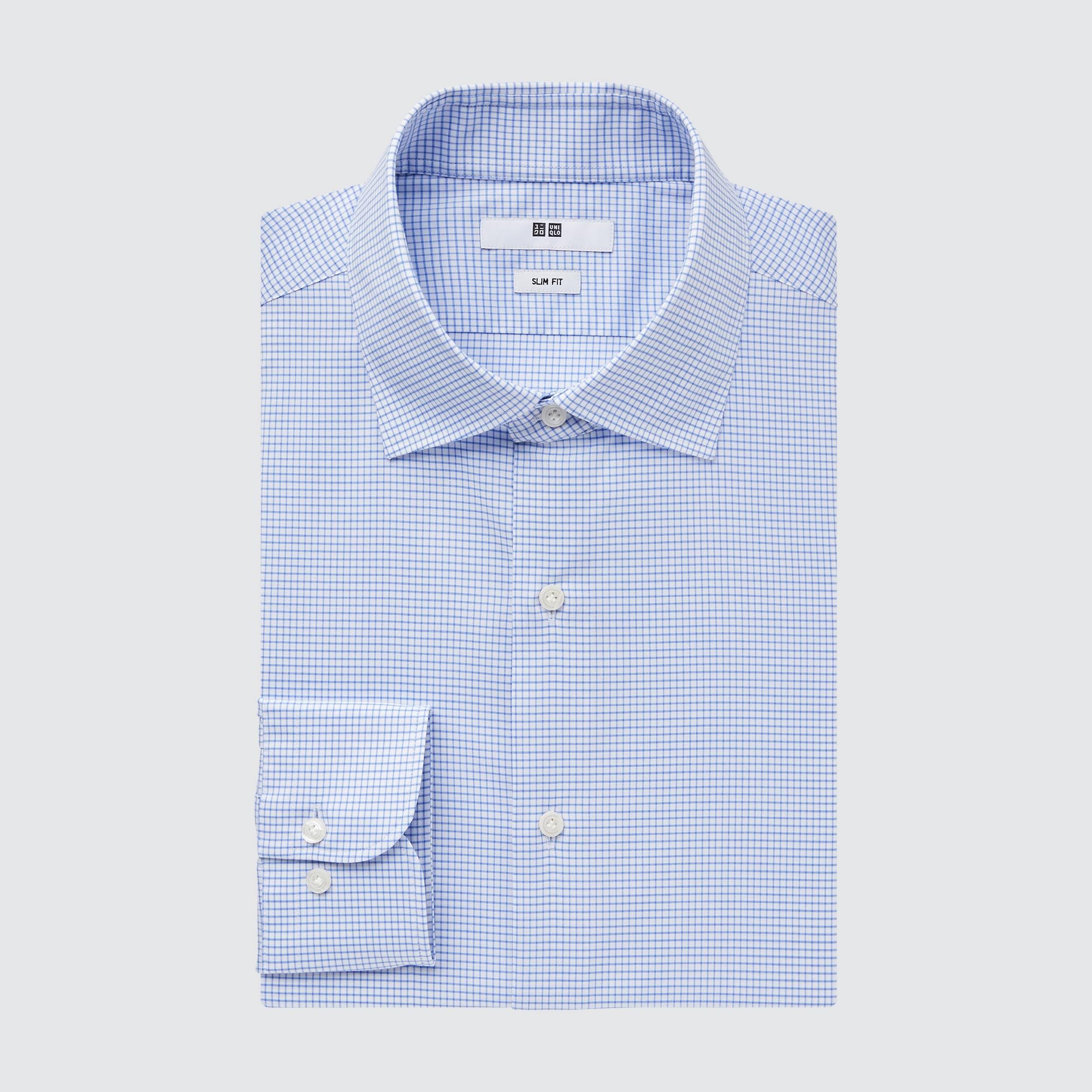 UNIQLO Easy Care Stretch Slim Fit Checked Shirt Semi Cutaway Collar Mavi | 537-KJIDSN