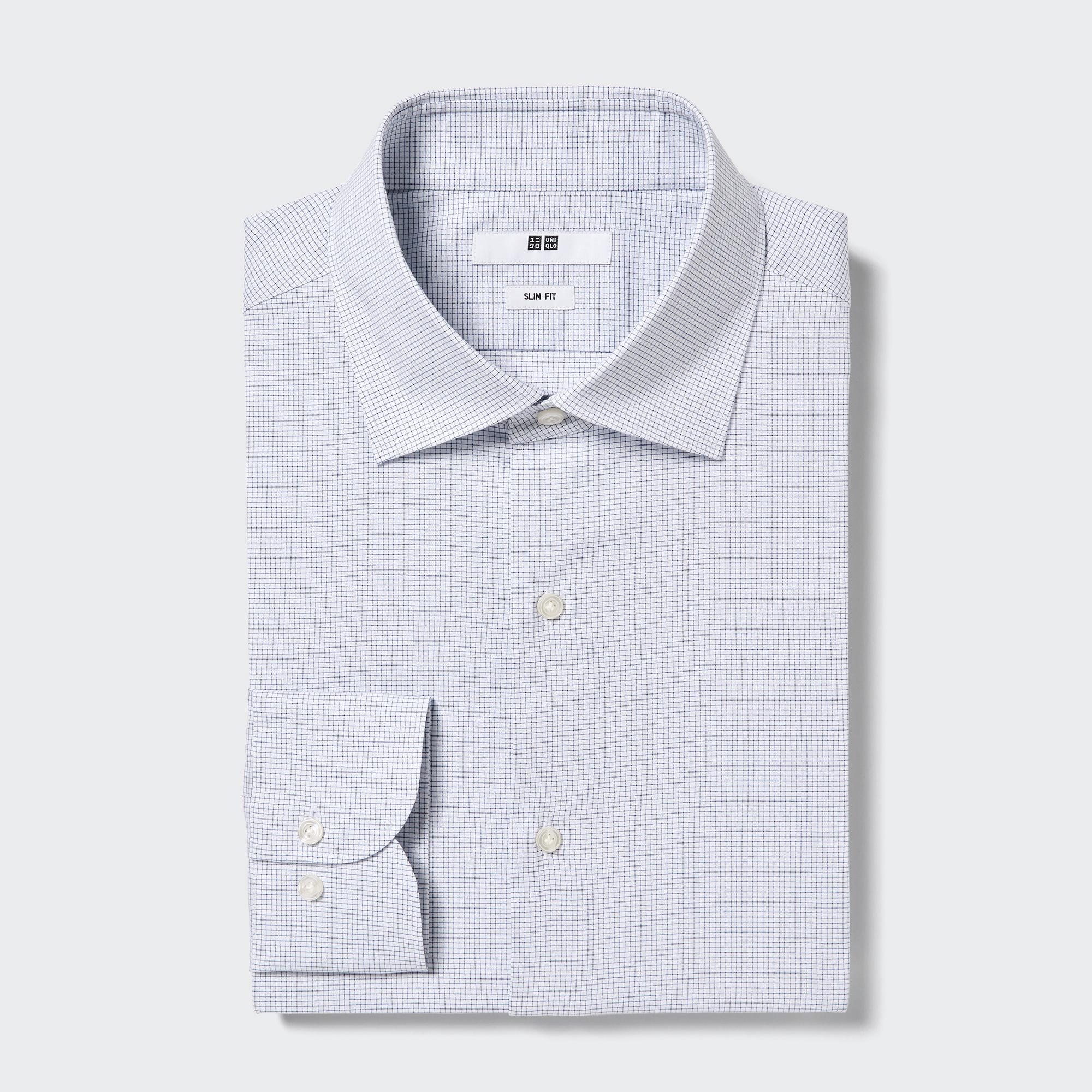 UNIQLO Easy Care Stretch Slim Fit Checked Shirt Semi Cutaway Collar Mavi | 271-GQYCIA