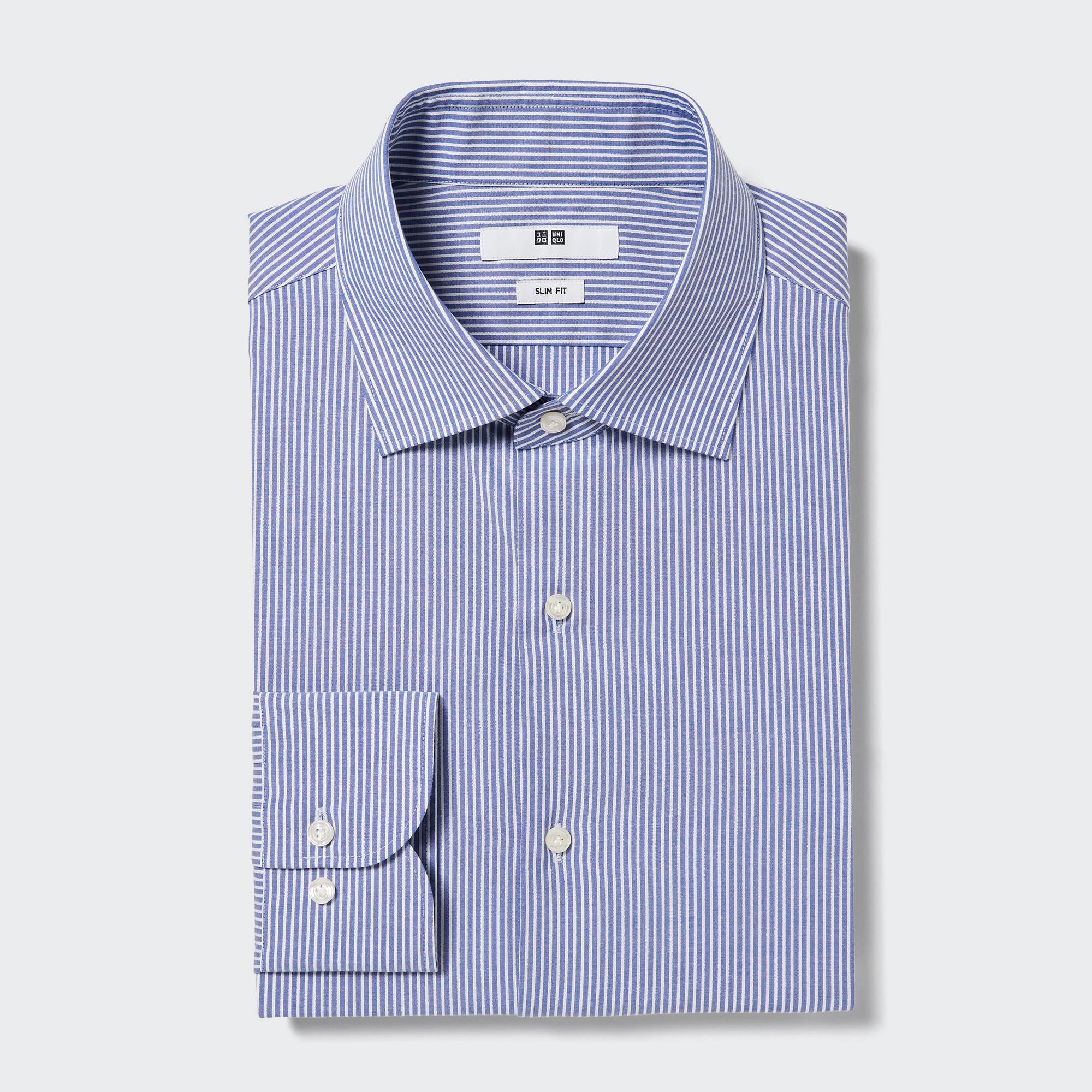 UNIQLO Easy Care Stretch Slim Fit Striped Shirt Semi Cutaway Collar Mavi | 836-CJPYQK