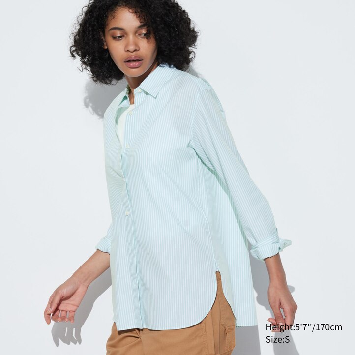 UNIQLO Extra Fine Cotton Striped Long Sleeved Shirt Yeşil | 629-ISGEQD