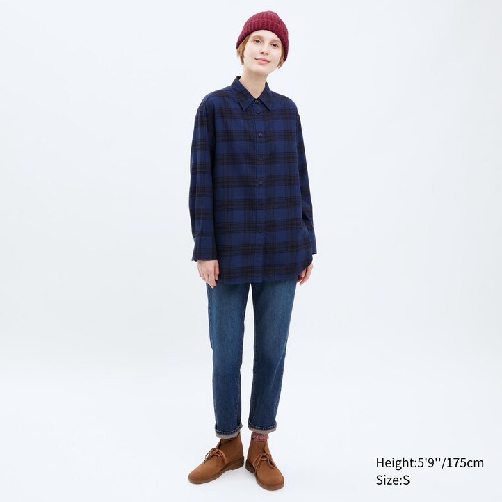 UNIQLO Flannel Checked Longline Shirt Bej Rengi | 592-CAJMSO