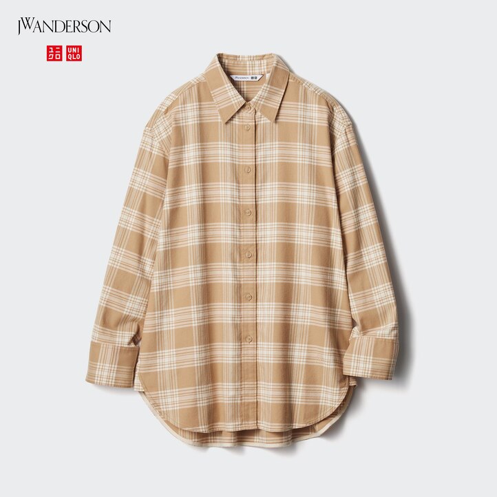 UNIQLO Flannel Checked Longline Shirt Bej Rengi | 592-CAJMSO