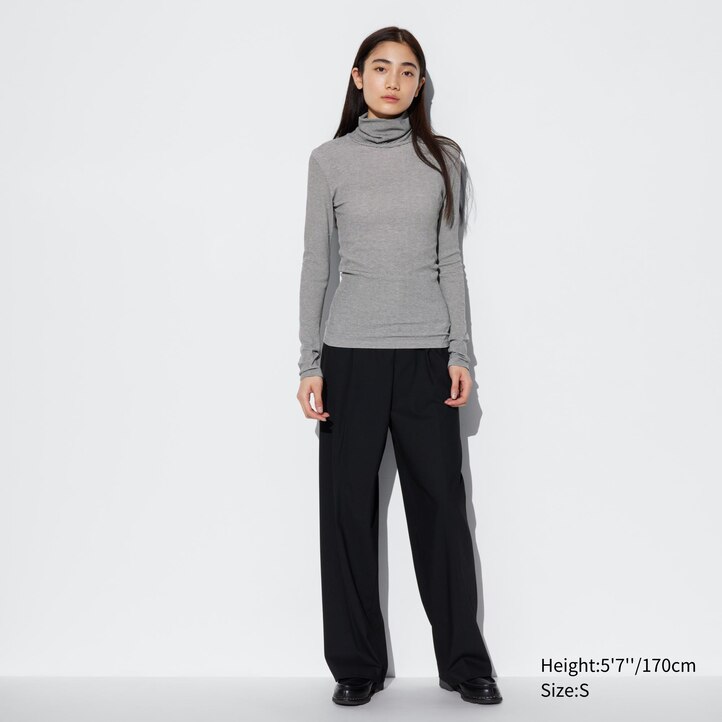 UNIQLO Heattech Extra Warm Seamless Ribbed Striped Turtleneck Long Sleeved Thermal Top Beyaz | 369-PVSMBY