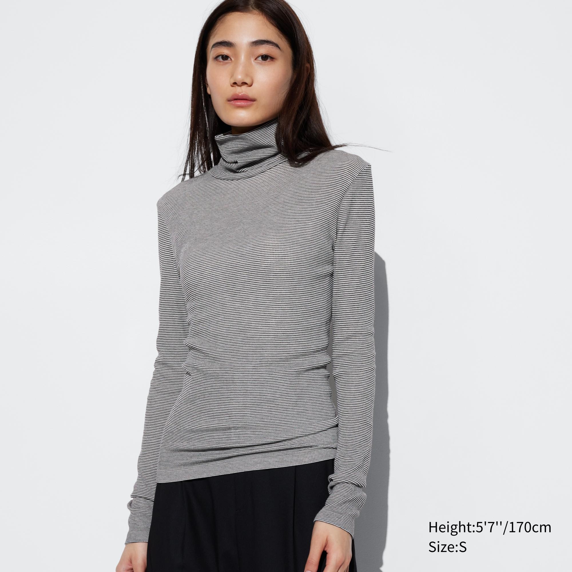 UNIQLO Heattech Extra Warm Seamless Ribbed Striped Turtleneck Long Sleeved Thermal Top Beyaz | 369-PVSMBY