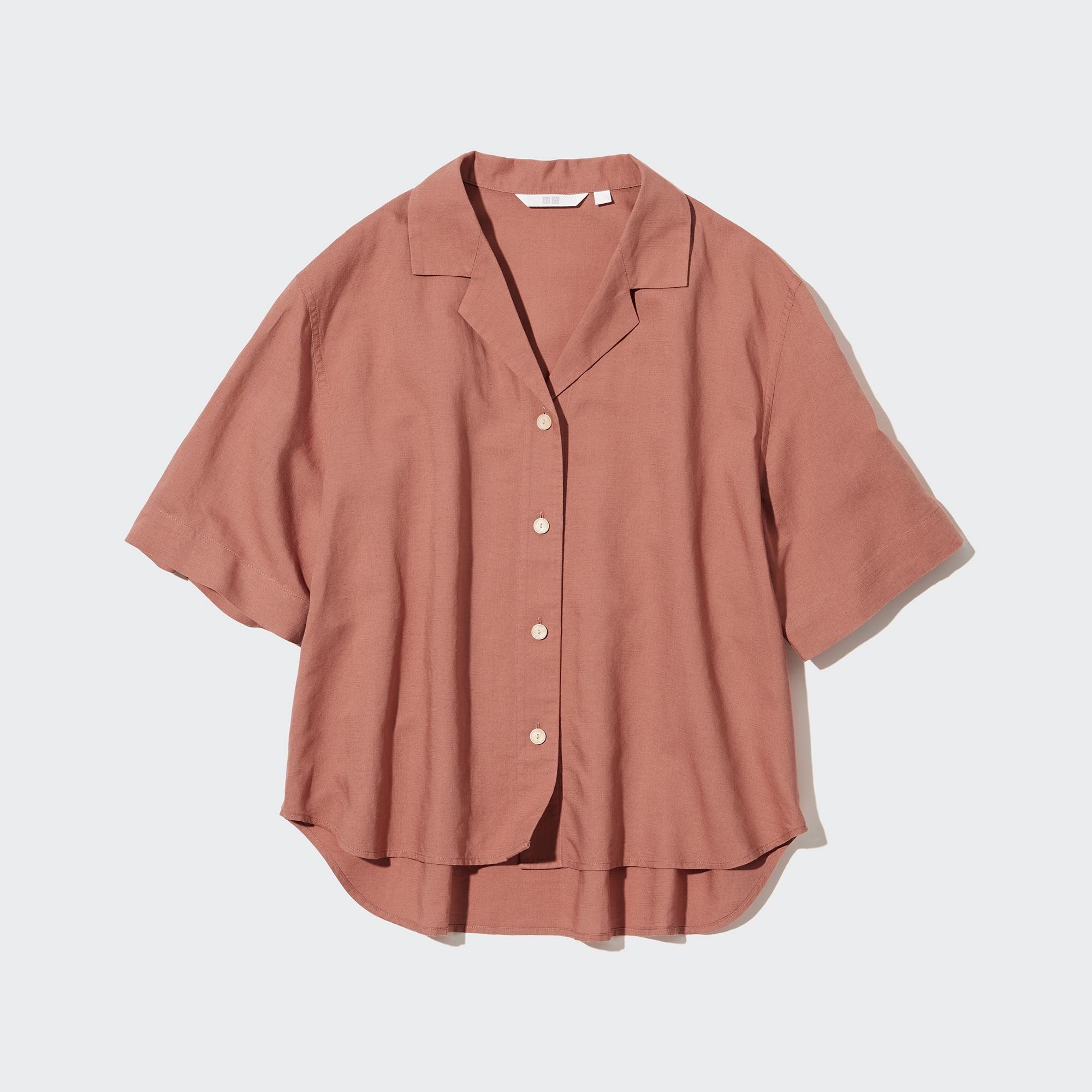 UNIQLO Linen Blend Open Collar Short Sleeved Shirt Kahverengi | 516-VTRBJW