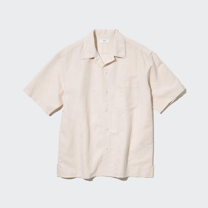 UNIQLO Linen Blend Short Sleeved Shirt Open Collar Natural | 518-GZCFAL