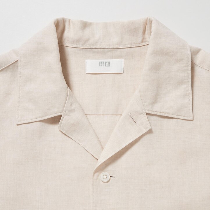 UNIQLO Linen Blend Short Sleeved Shirt Open Collar Natural | 518-GZCFAL