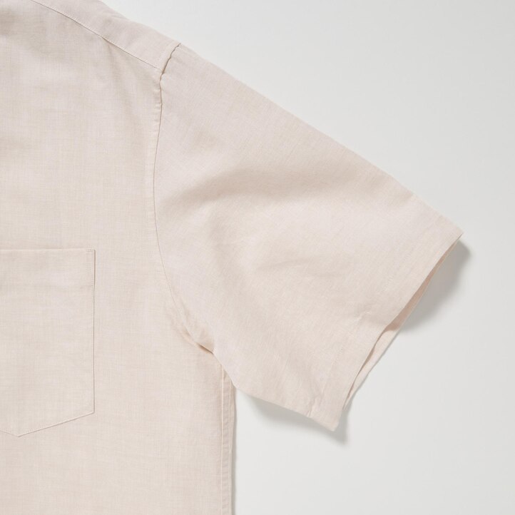 UNIQLO Linen Blend Short Sleeved Shirt Open Collar Natural | 518-GZCFAL