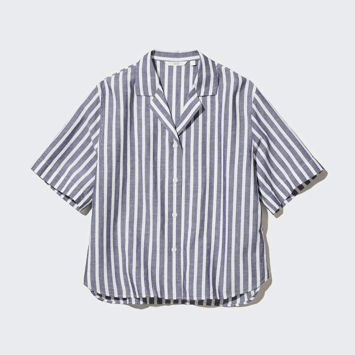 UNIQLO Linen Blend Striped Open Collar Short Sleeved Shirt Açık Mavi | 624-OJGUSW