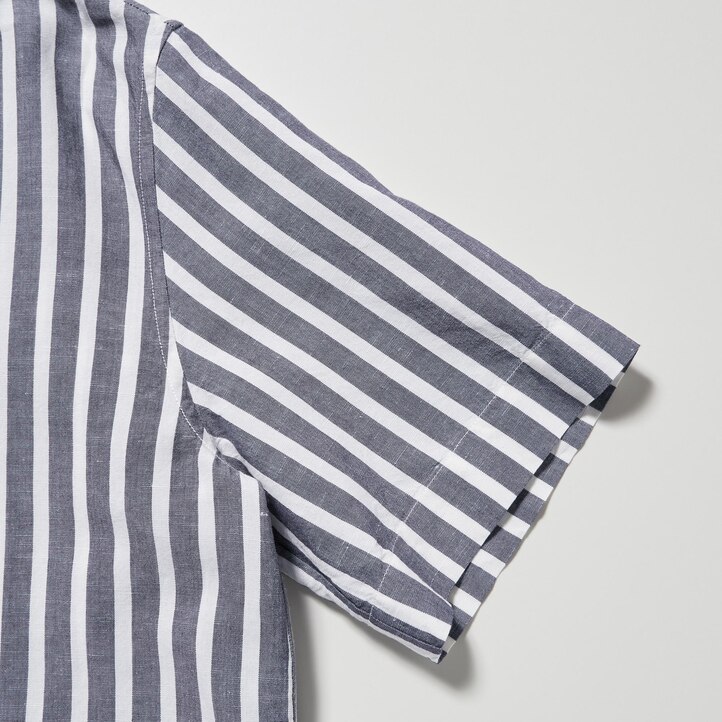 UNIQLO Linen Blend Striped Open Collar Short Sleeved Shirt Açık Mavi | 624-OJGUSW