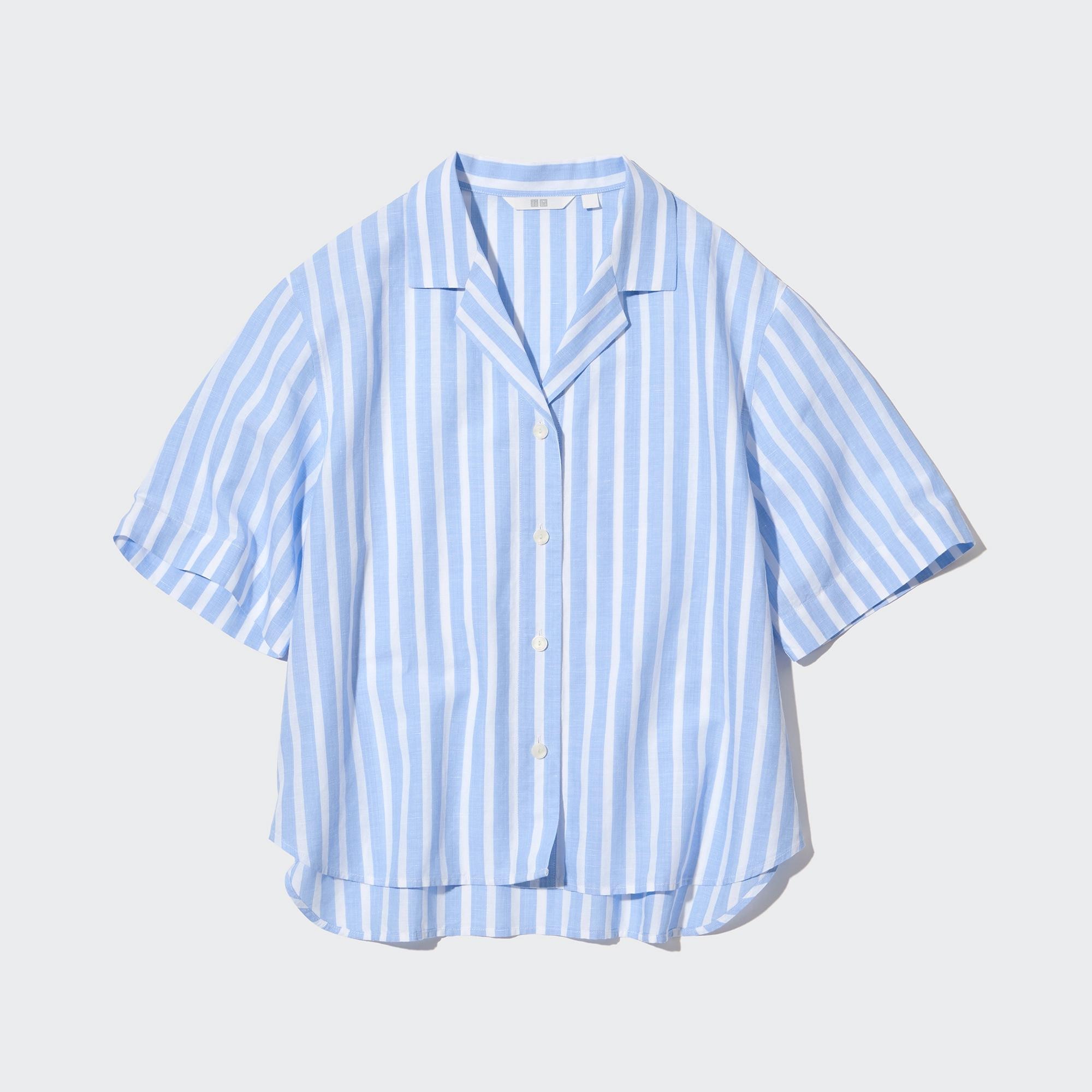 UNIQLO Linen Blend Striped Open Collar Short Sleeved Shirt Açık Mavi | 624-OJGUSW