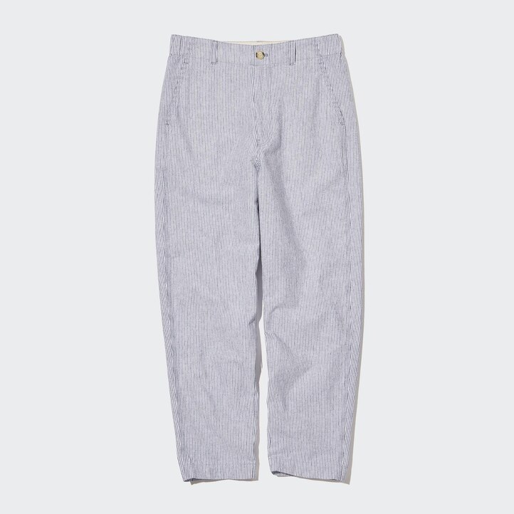 UNIQLO Linen Cotton Blend Striped Tapered Trousers Mavi | 125-FNPDIV