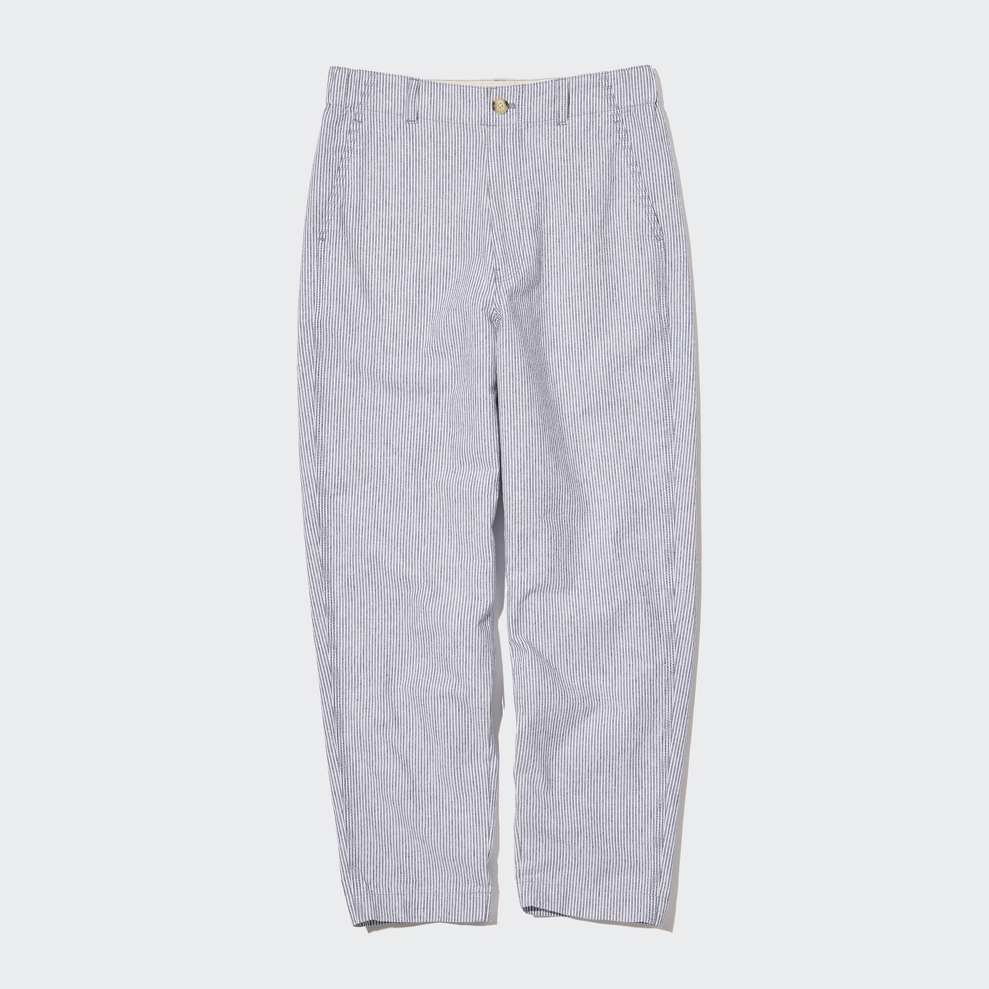 UNIQLO Linen Cotton Blend Striped Tapered Trousers Mavi | 125-FNPDIV