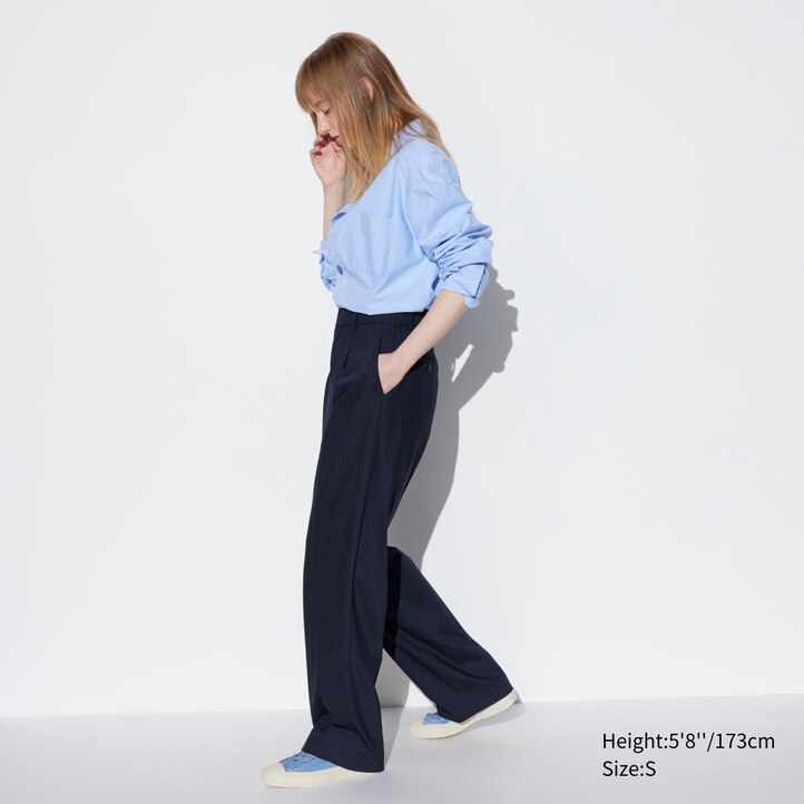 UNIQLO Pleated Wide Leg Striped Trousers Long Lacivert | 169-PVTNBS