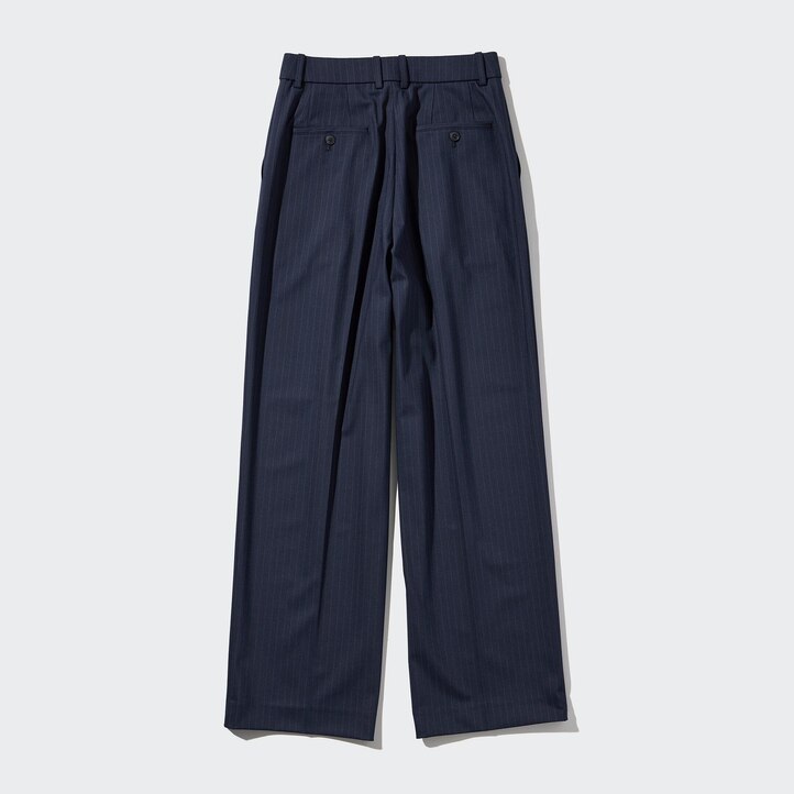 UNIQLO Pleated Wide Leg Striped Trousers Long Lacivert | 169-PVTNBS