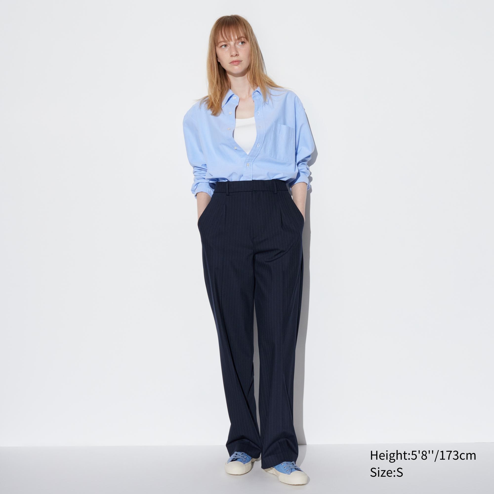 UNIQLO Pleated Wide Leg Striped Trousers Long Lacivert | 169-PVTNBS