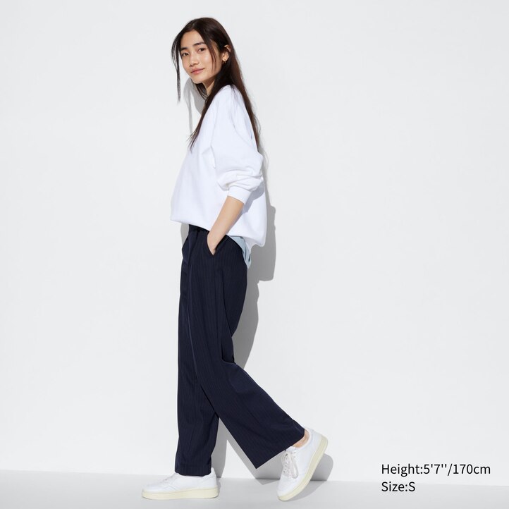 UNIQLO Pleated Wide Leg Striped Trousers Lacivert | 760-XNAOWL