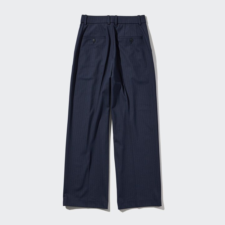 UNIQLO Pleated Wide Leg Striped Trousers Lacivert | 760-XNAOWL