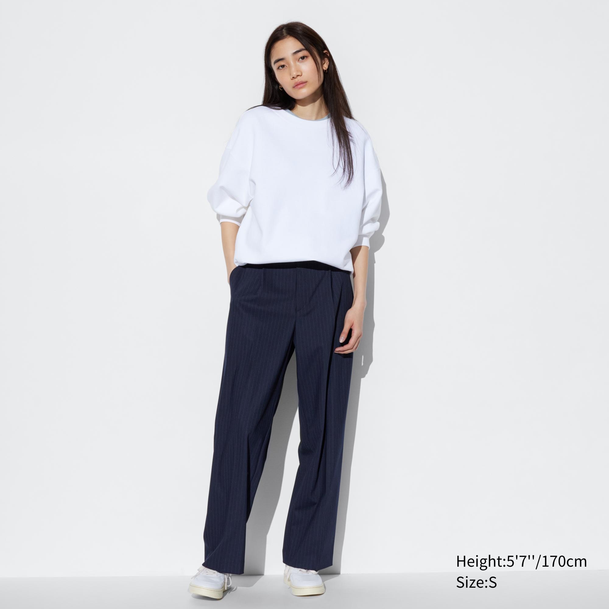 UNIQLO Pleated Wide Leg Striped Trousers Lacivert | 760-XNAOWL