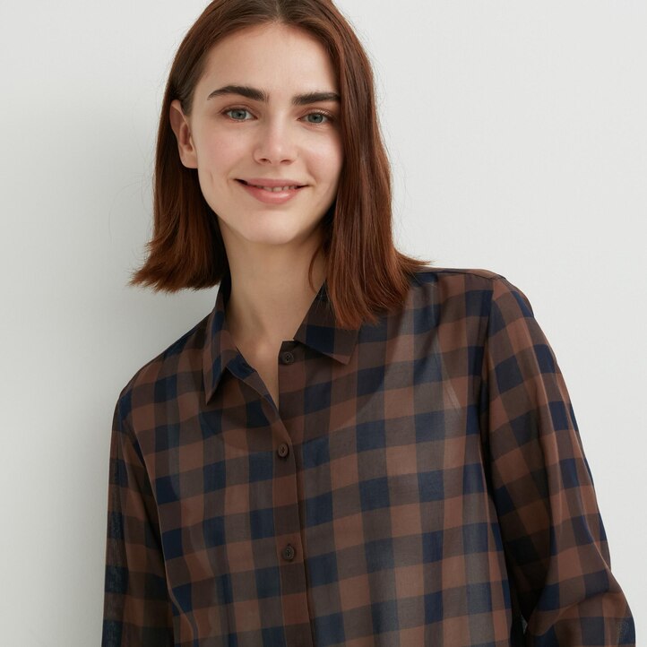 UNIQLO Sheer Cotton Checked Shirt Bej Rengi | 189-UTKAJM