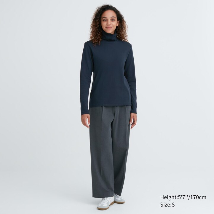 UNIQLO Smooth Cotton Stretch Turtleneck Long Sleeved Top Siyah | 026-YLNUST