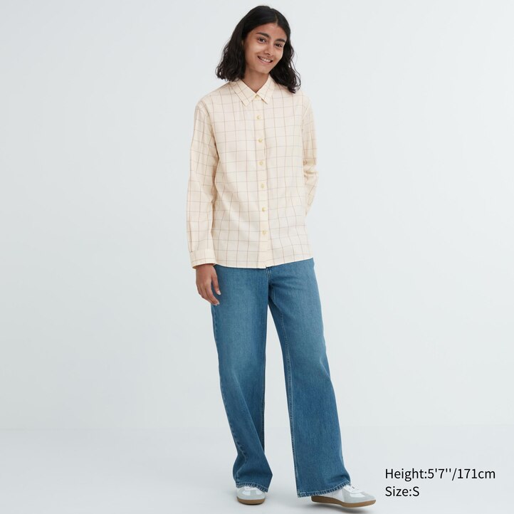 UNIQLO Soft Brushed Checked Long Sleeved Shirt Beyaz | 354-CUKINQ