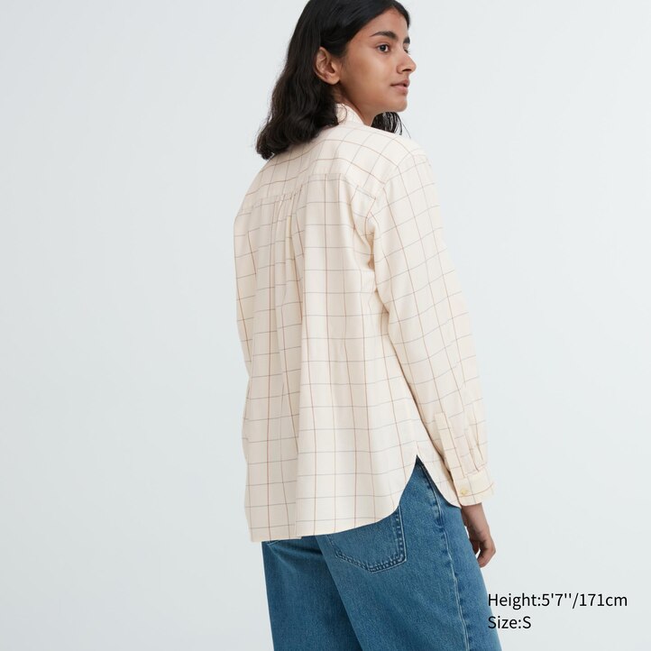 UNIQLO Soft Brushed Checked Long Sleeved Shirt Beyaz | 354-CUKINQ