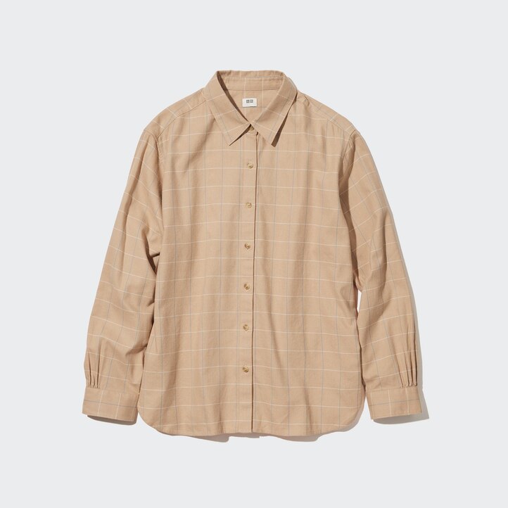 UNIQLO Soft Brushed Checked Long Sleeved Shirt Beyaz | 354-CUKINQ