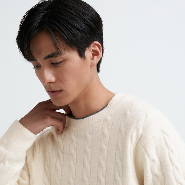 UNIQLO Soufflé Yarn Cable Knit Crew Neck Jumper Beyaz | 197-MFCRKW